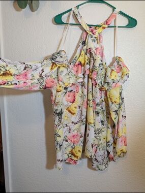 INC International Concepts Floral Cold-Shoulder Halter Top in Yellow & Pink